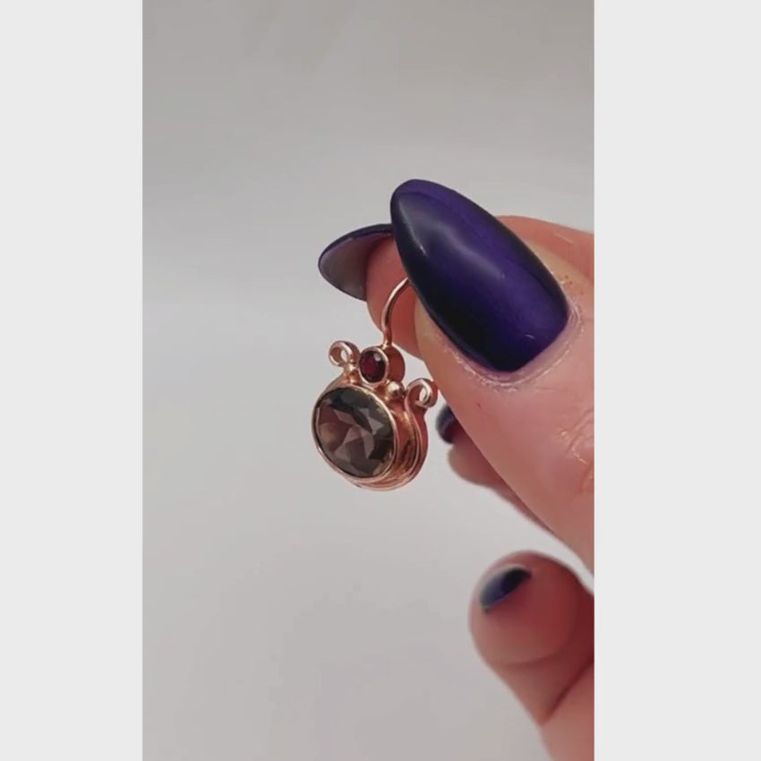 Load video: 14k Rose Gold Smoky Topaz Garnets Pomegranate Hook Earrings