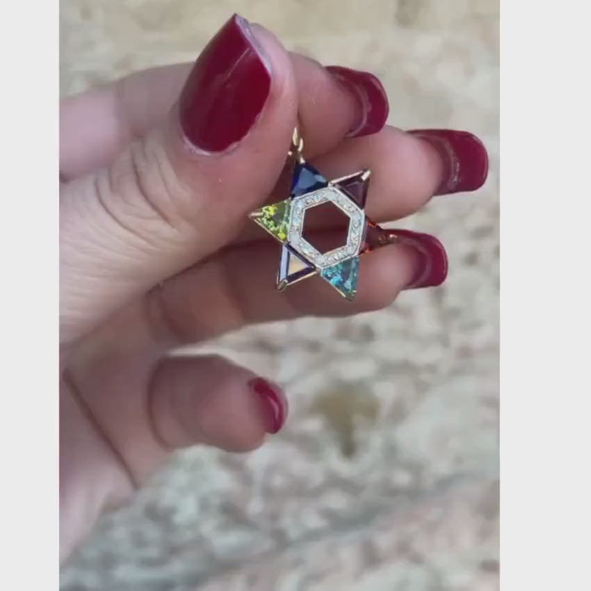 Load video: 14k Gold and Diamond Multicolored Star of David Pendant
