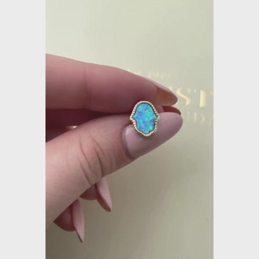 Load video: Hamsa Stud Earrings with Blue Opalite in 14K Gold