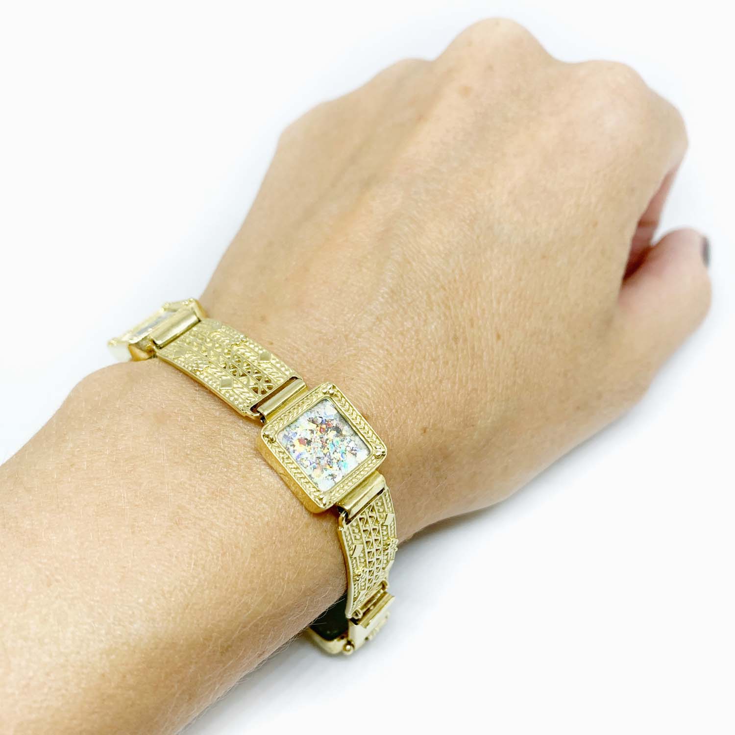 Square Roman Glass Yemenite Filigree Style 14k Gold Bracelet