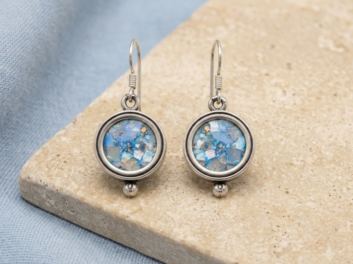 Silver Roman Glass Circular Round Earrings