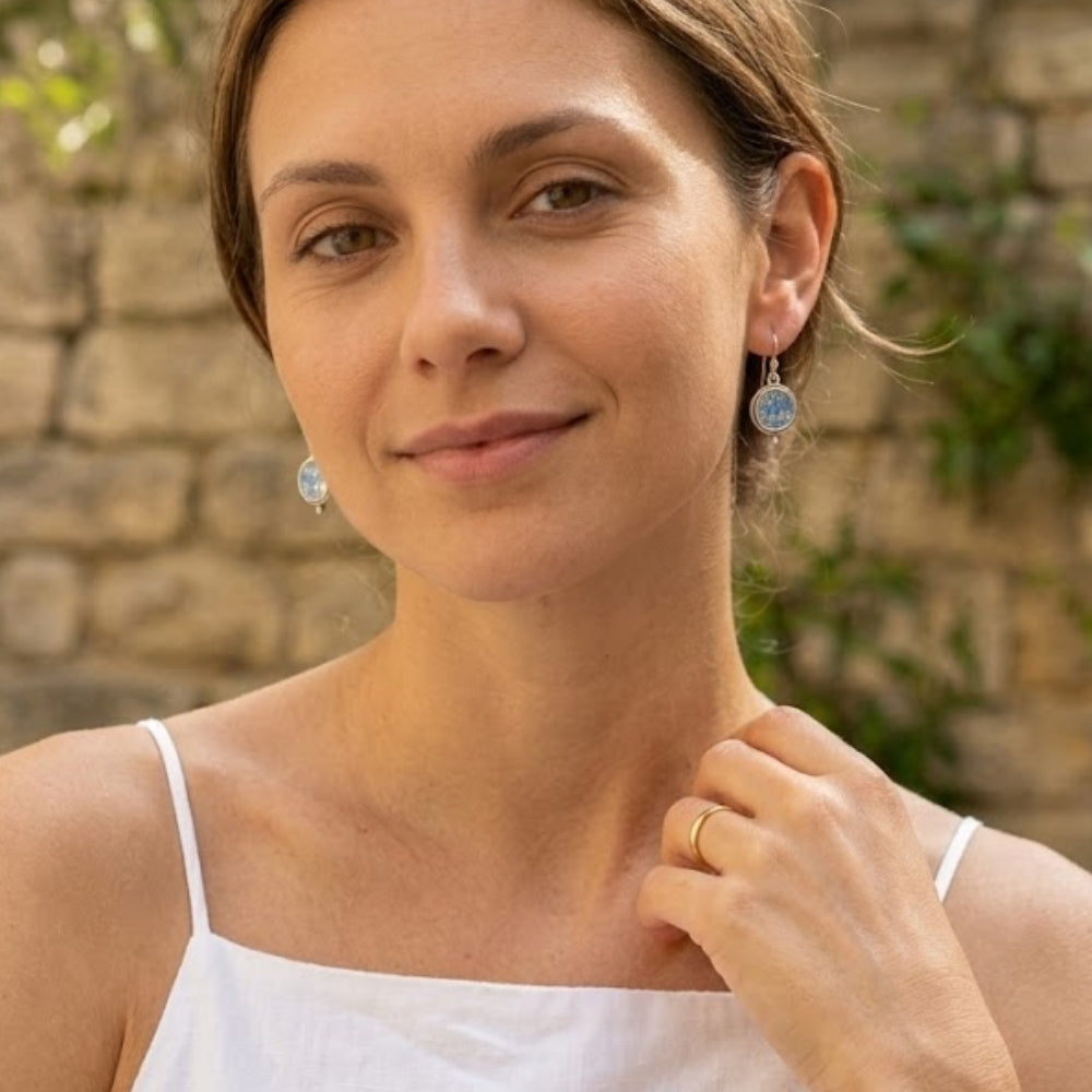 Silver Roman Glass Circular Round Earrings