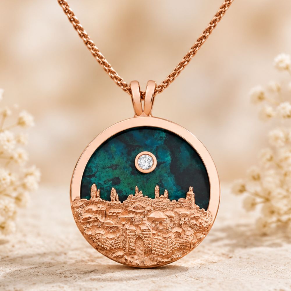 14K Gold Jerusalem Skyline Pendant with Eilat Stone & Diamond