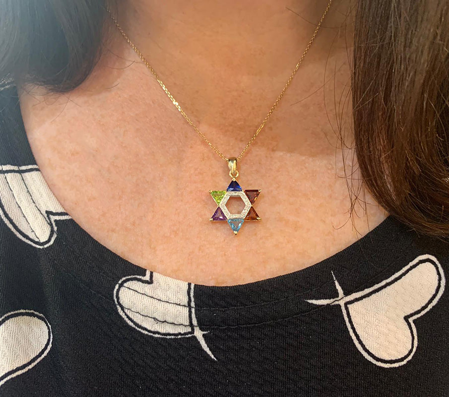 14k Gold and Diamond Multicolored Star of David Pendant