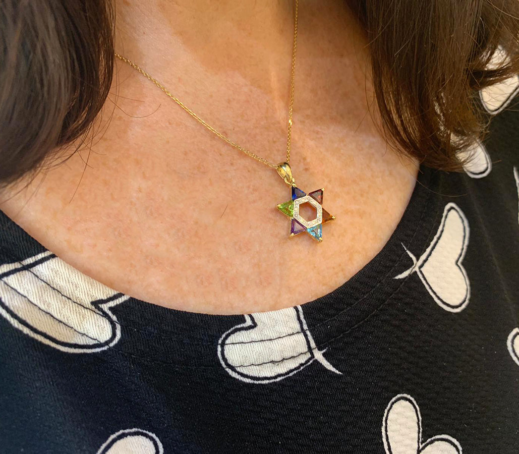 14k Gold and Diamond Multicolored Star of David Pendant
