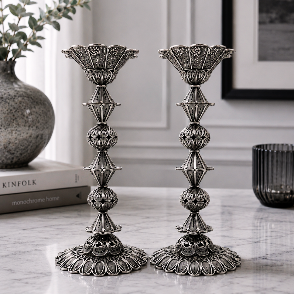 Sterling Silver Tall Flower Filigree Candlesticks