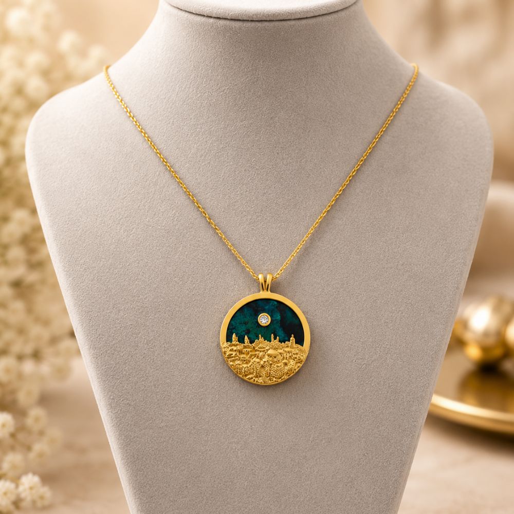 14K Gold Jerusalem Skyline Pendant with Eilat Stone & Diamond