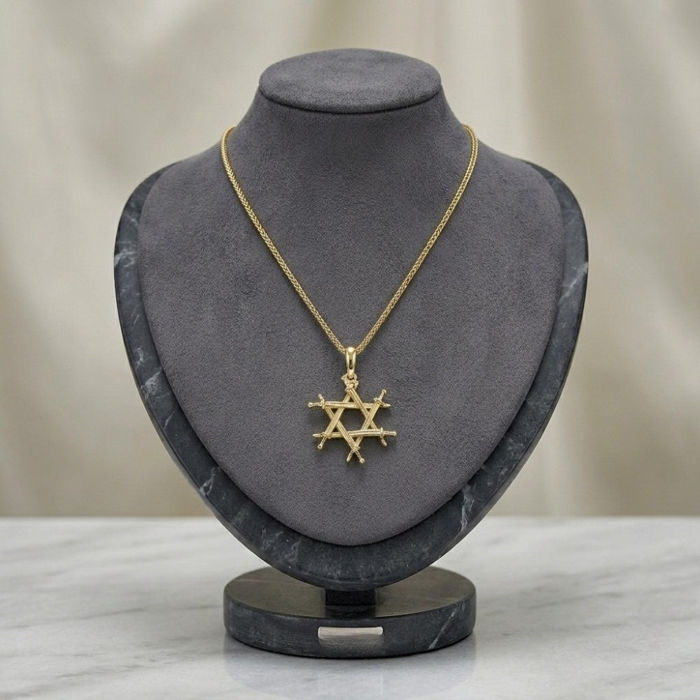 14K Solid Gold Iron Swords Star of David Pendant – Magen David Haravot Barzel Jewish Necklace