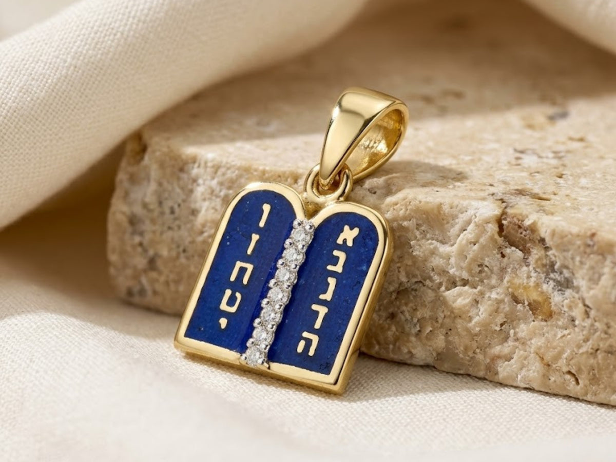 Ten Commandments Pendant - 14K Yellow Gold and Blue Enamel Diamond-Studded