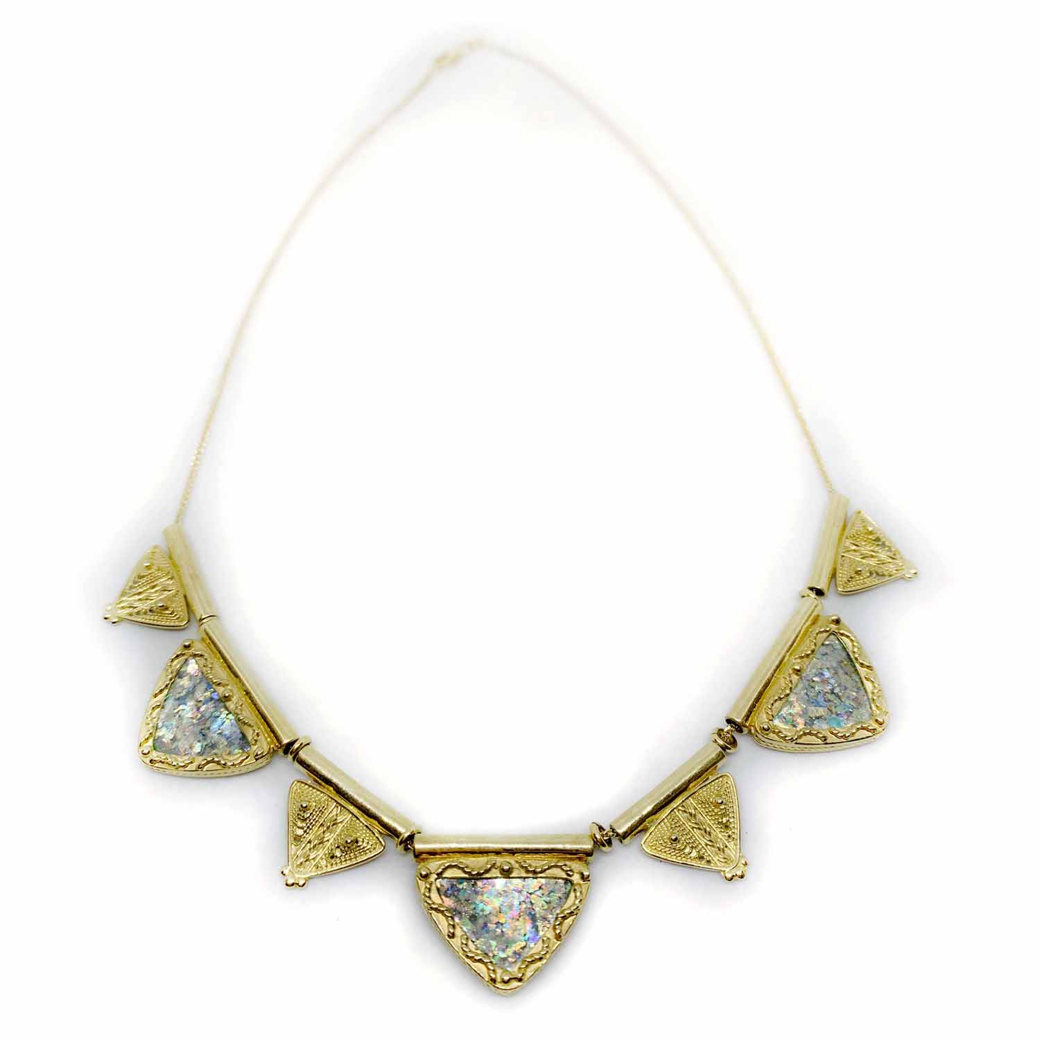 Triangular Roman Glass Filigree Ethnic 14k Gold Necklace