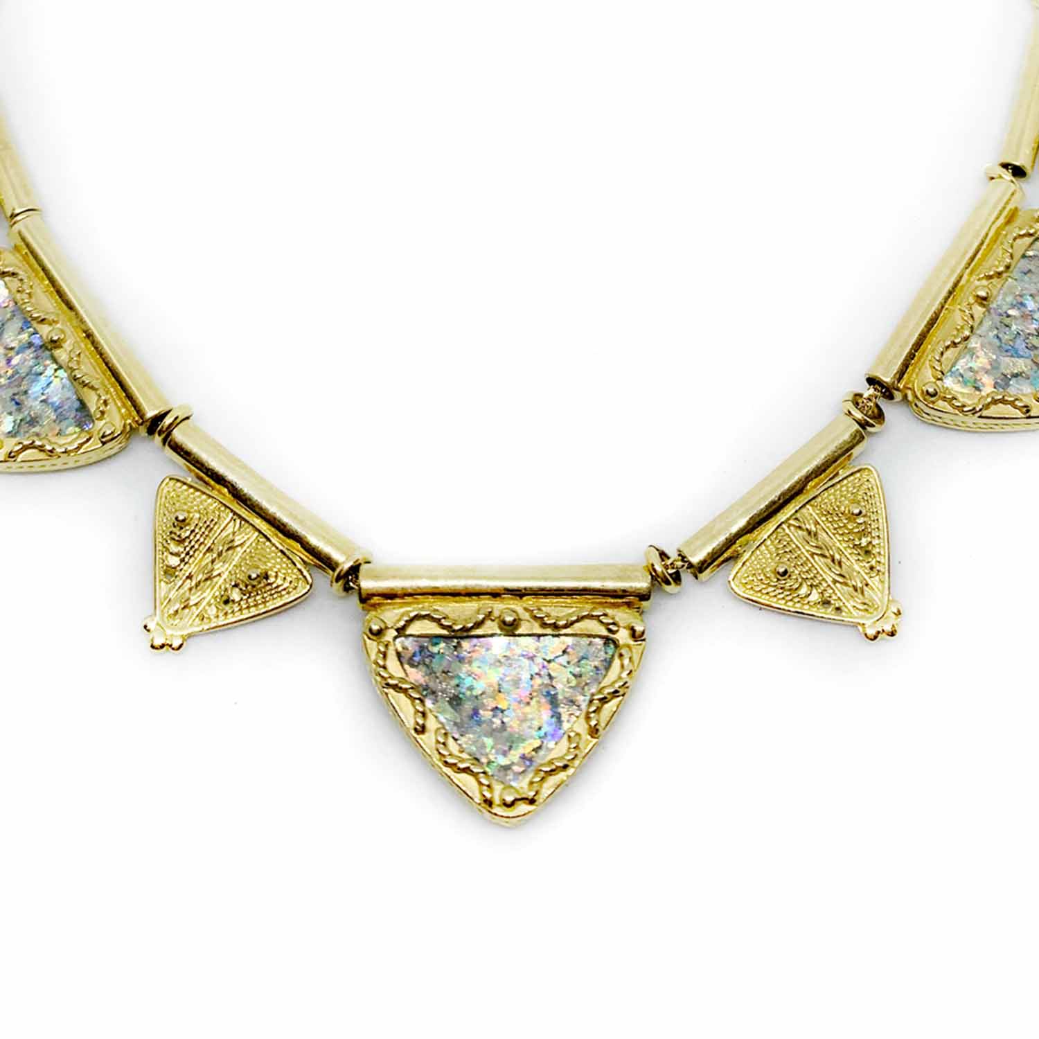 Triangular Roman Glass Filigree Ethnic 14k Gold Necklace