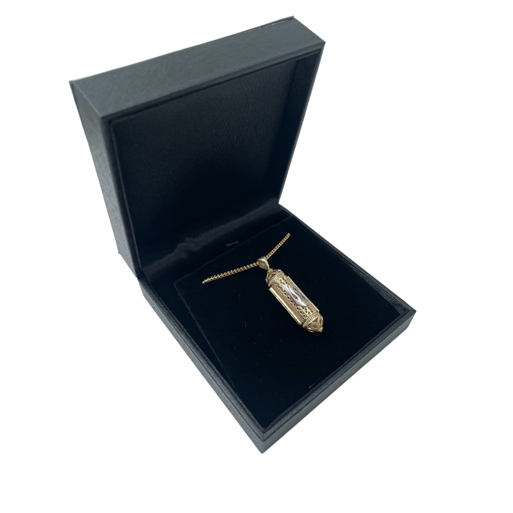 Mezuzah Pendant in 14k Yellow Gold Filigree Cylinder
