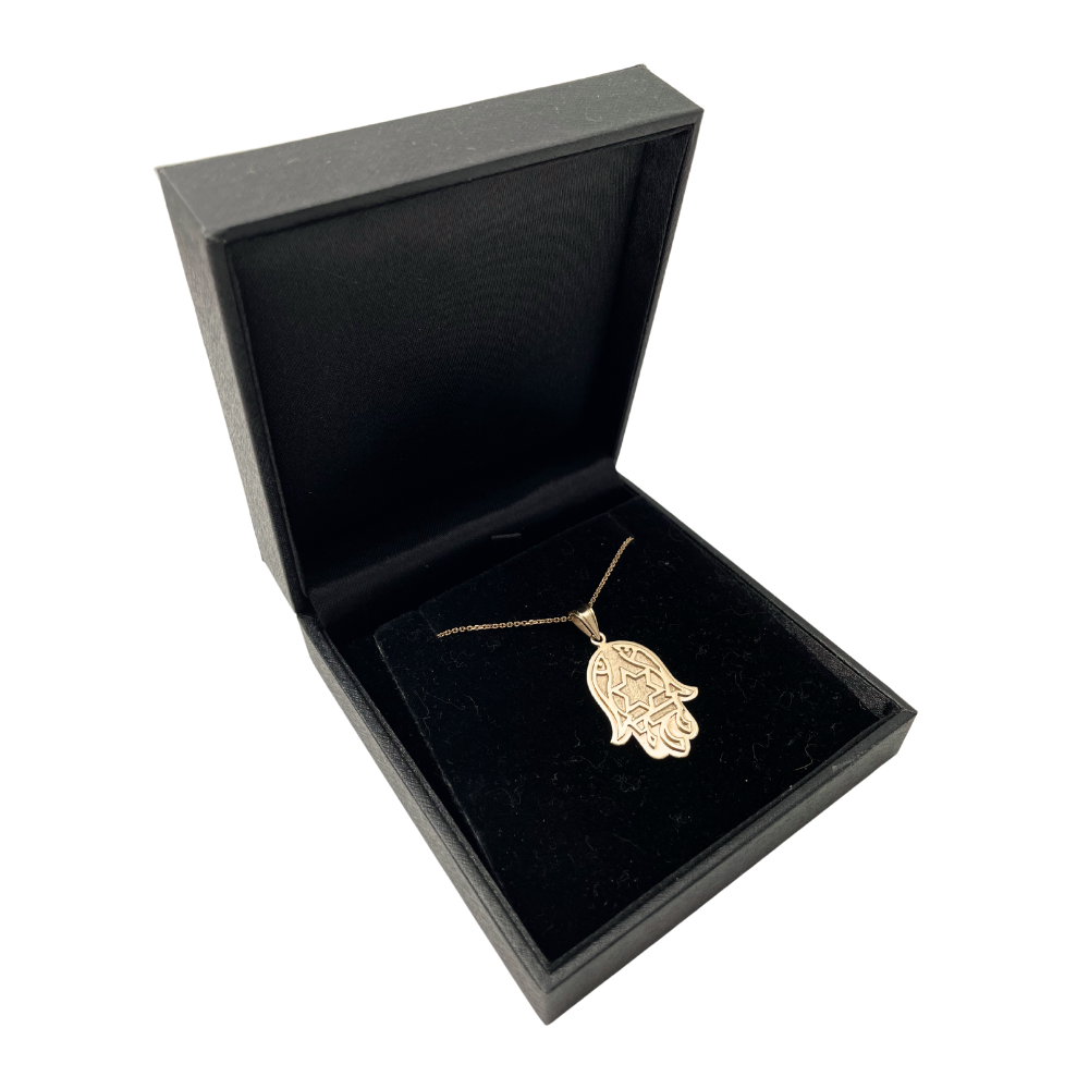 14k Gold Florentine Fish Chai Protection Hamsa Pendant