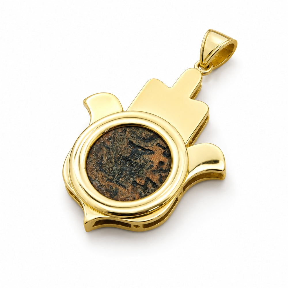 14k Gold Hamsa Pendant with Masada Coin