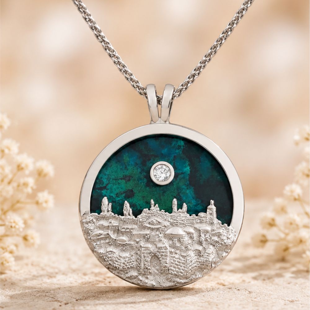 14K Gold Jerusalem Skyline Pendant with Eilat Stone & Diamond
