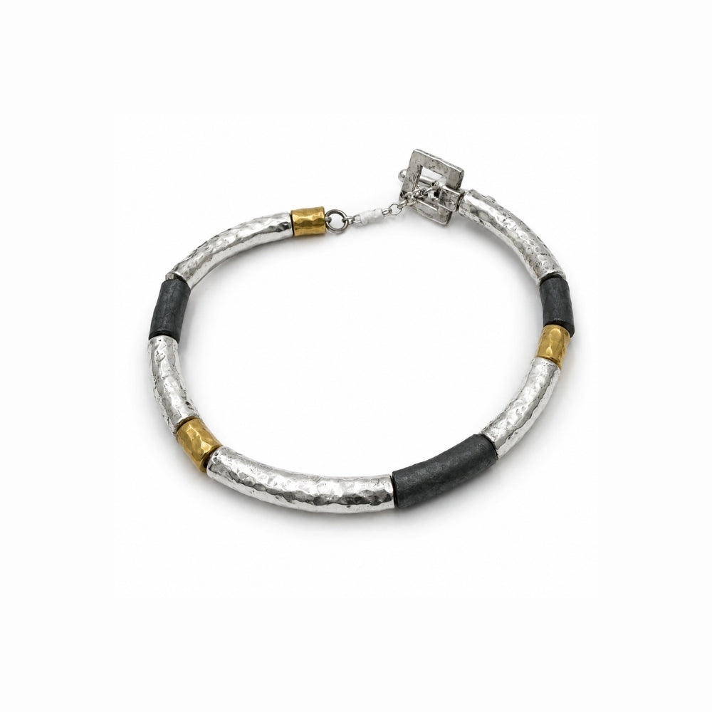 Lightweight Israeli Silver Bracelet – Oxidized Silver & Gold Plated Hammered Jewelry