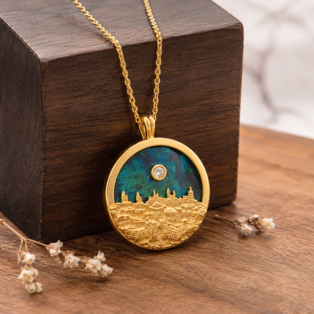 14K Gold Jerusalem Skyline Pendant with Eilat Stone & Diamond