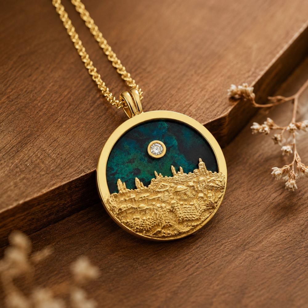 14K Gold Jerusalem Skyline Pendant with Eilat Stone & Diamond