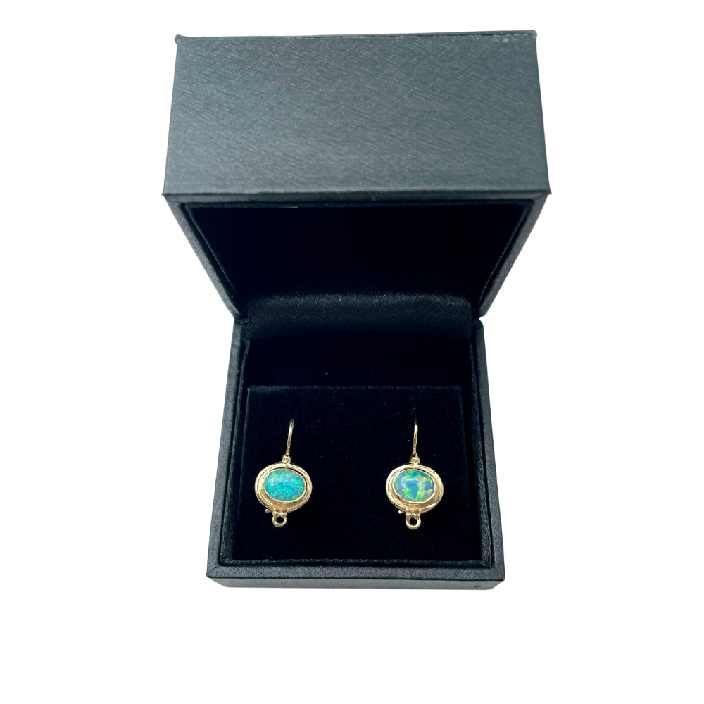 Blue Opal 14k Yellow Gold Hook Round Ethnic Oval Earrings