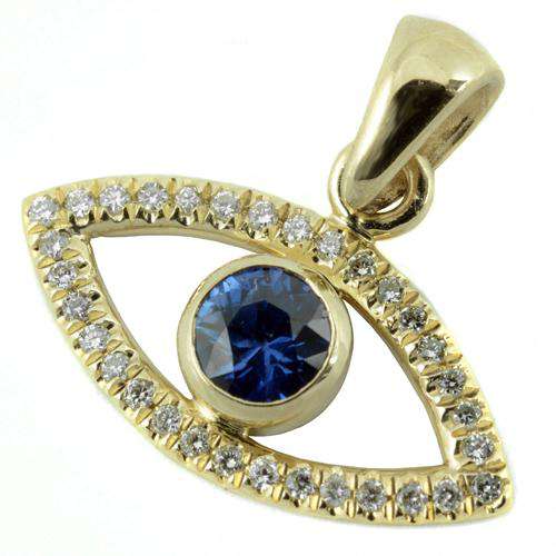 14k Gold Evil Eye Diamond and Sapphire Pendant