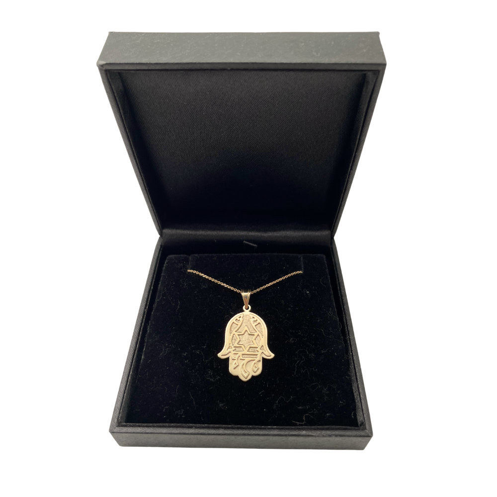 14k Gold Florentine Fish Chai Protection Hamsa Pendant