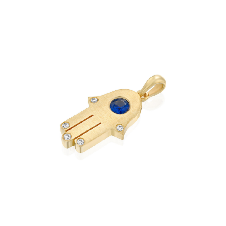 Hamsa Pendant with Diamonds and Blue Sapphire in 18k Gold