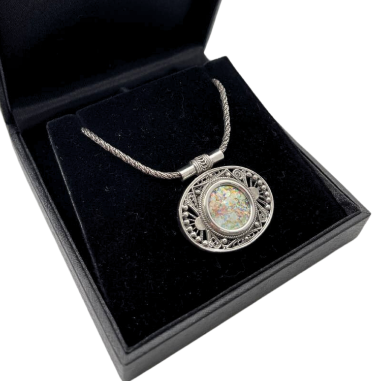 Filigree Oval Roman Glass Necklace Sterling Silver