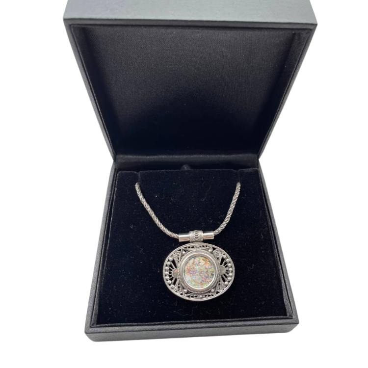 Filigree Oval Roman Glass Necklace Sterling Silver
