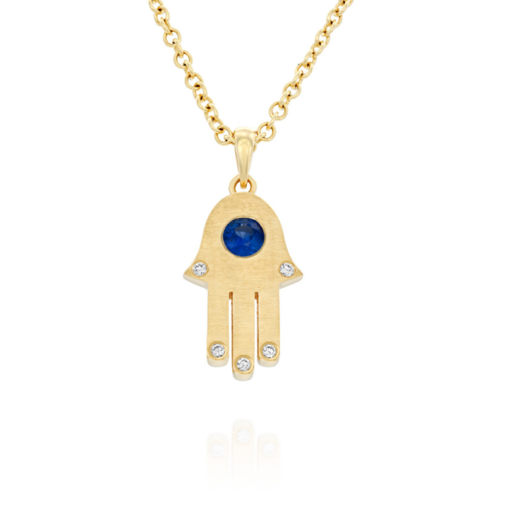 Hamsa Pendant with Diamonds and Blue Sapphire in 18k Gold