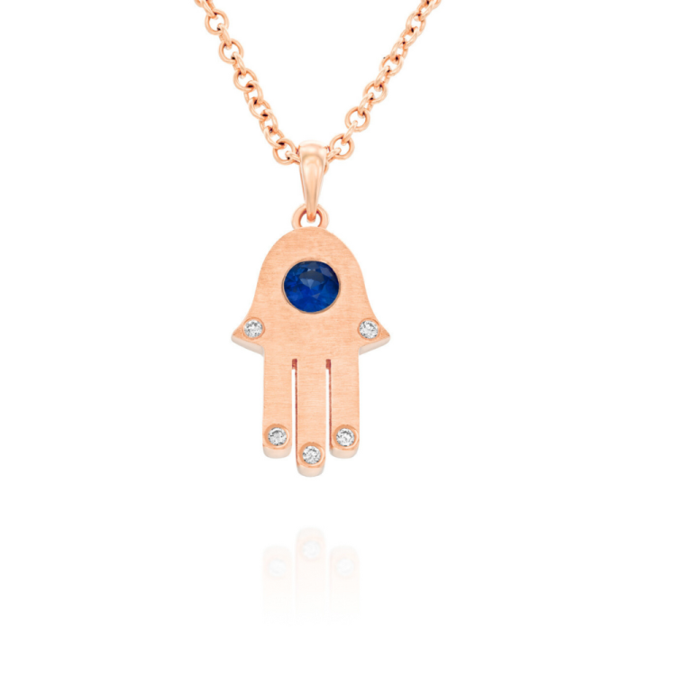 Hamsa Pendant with Diamonds and Blue Sapphire in 18k Gold