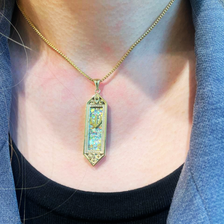 14k Gold Filigree Roman Glass Mezuzah Pendant