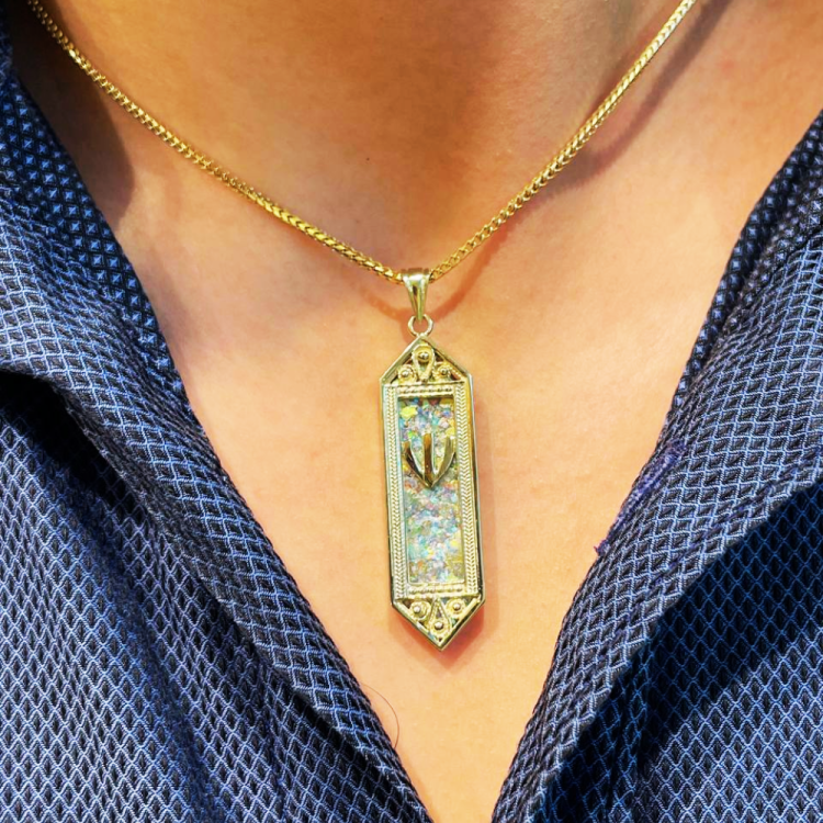 14k Gold Filigree Roman Glass Mezuzah Pendant