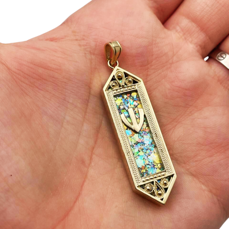 14k Gold Filigree Roman Glass Mezuzah Pendant