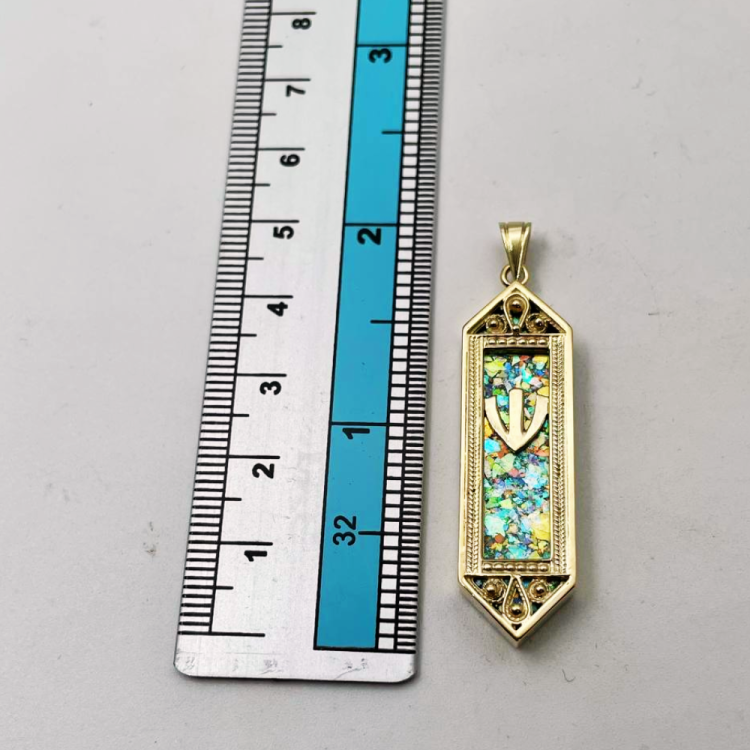 14k Gold Filigree Roman Glass Mezuzah Pendant