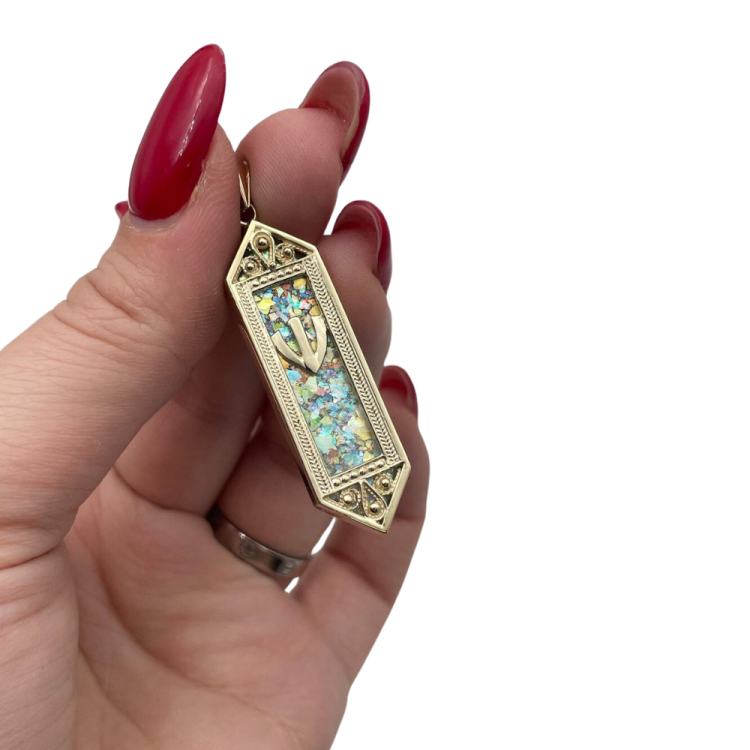 14k Gold Filigree Roman Glass Mezuzah Pendant