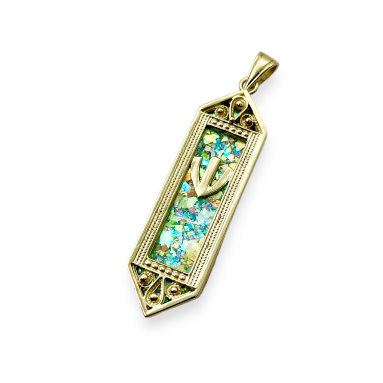 14k Gold Filigree Roman Glass Mezuzah Pendant