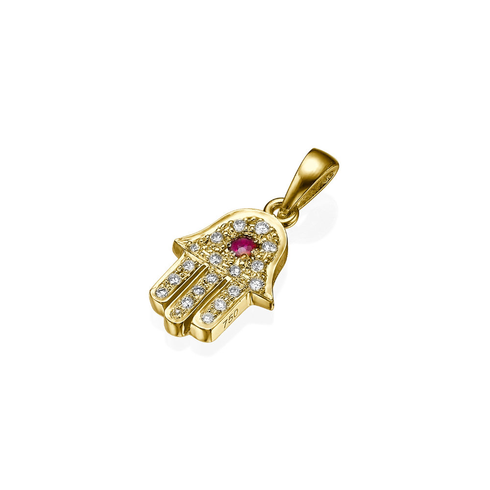 18k Gold Hamsa Pendant with Diamonds and Ruby