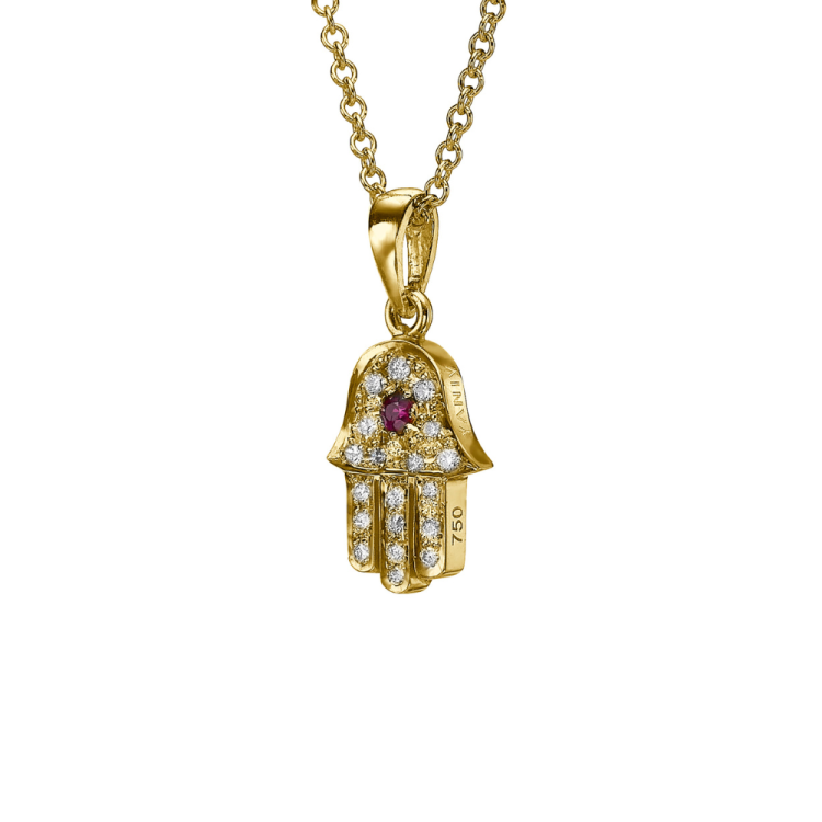 18k Gold Hamsa Pendant with Diamonds and Ruby