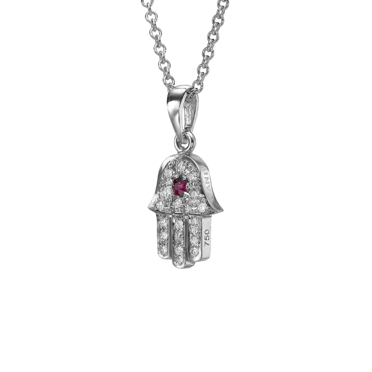 18k Gold Hamsa Pendant with Diamonds and Ruby