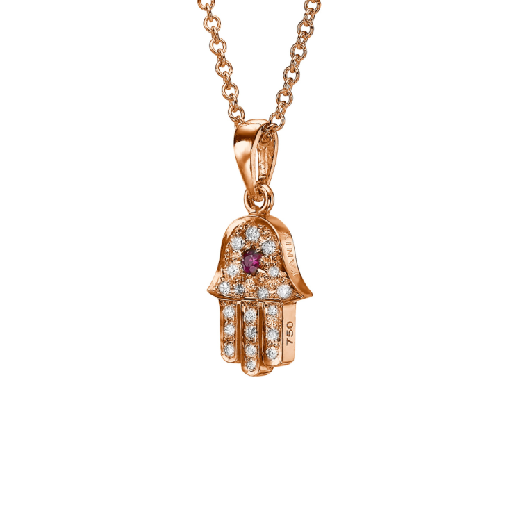 18k Gold Hamsa Pendant with Diamonds and Ruby