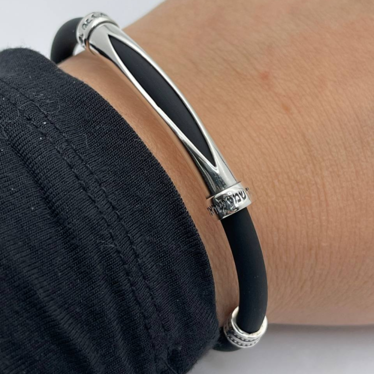 Shema Israel Bracelet in Sterling Silver, Black Faux Leather Men's Bracelet, Kabbalah Bracelet,