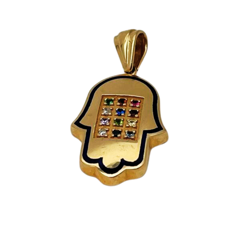 Hoshen Hamsa Pendant in 14k Gold with 12 Stones