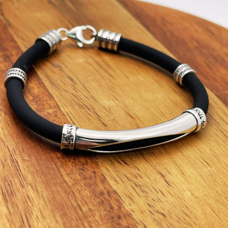 Shema Israel Bracelet in Sterling Silver, Black Faux Leather Men's Bracelet, Kabbalah Bracelet,