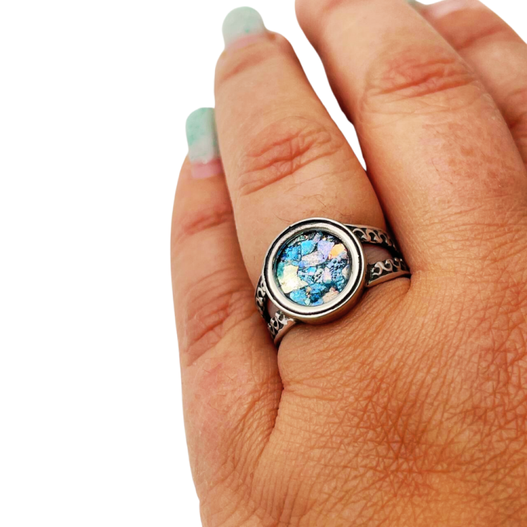 Sterling Silver Split Band Roman Glass Ring