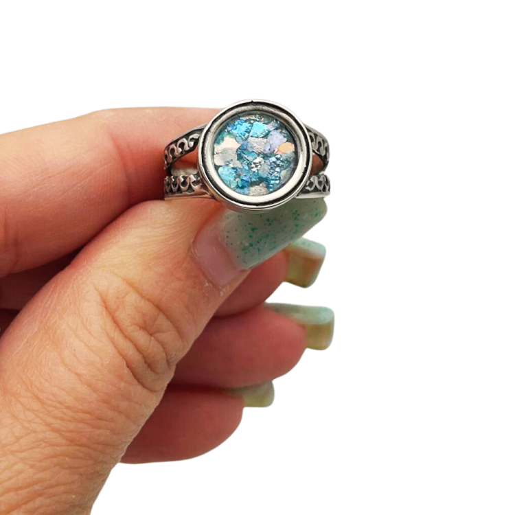 Sterling Silver Split Band Roman Glass Ring