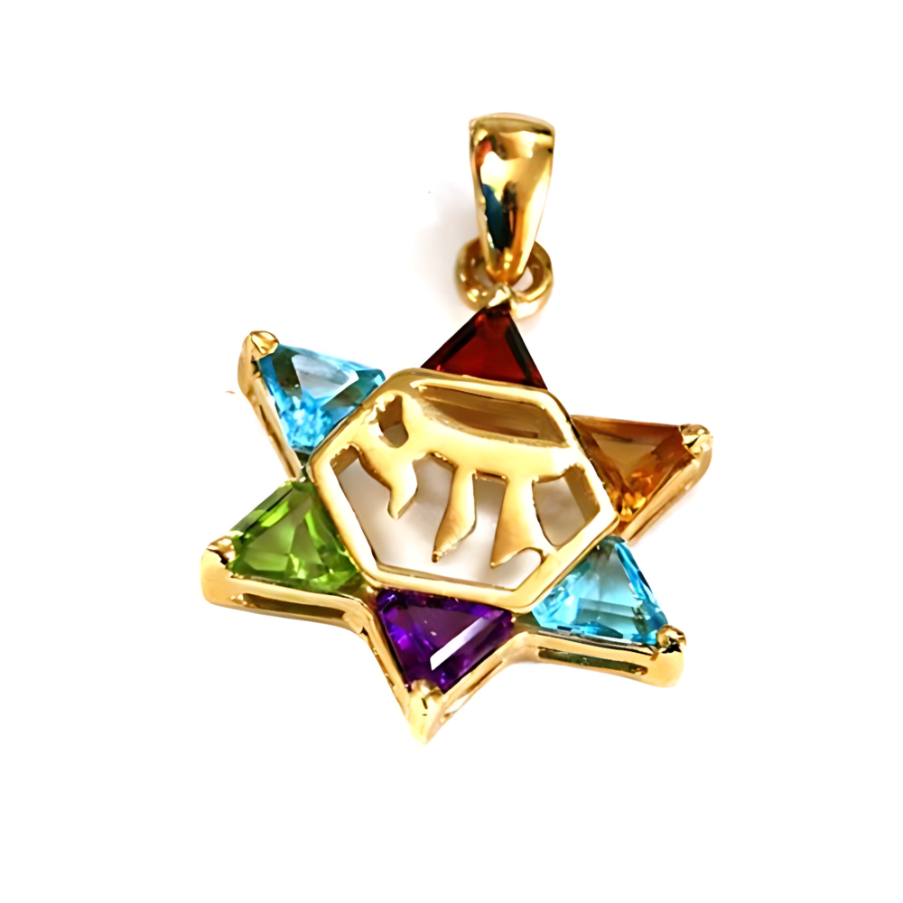 14k Gold Star of David Chai Multicolored Stone Pendant