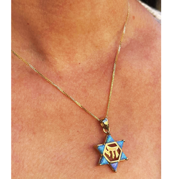 Opal Star of David Chai Pendant in 14k Gold