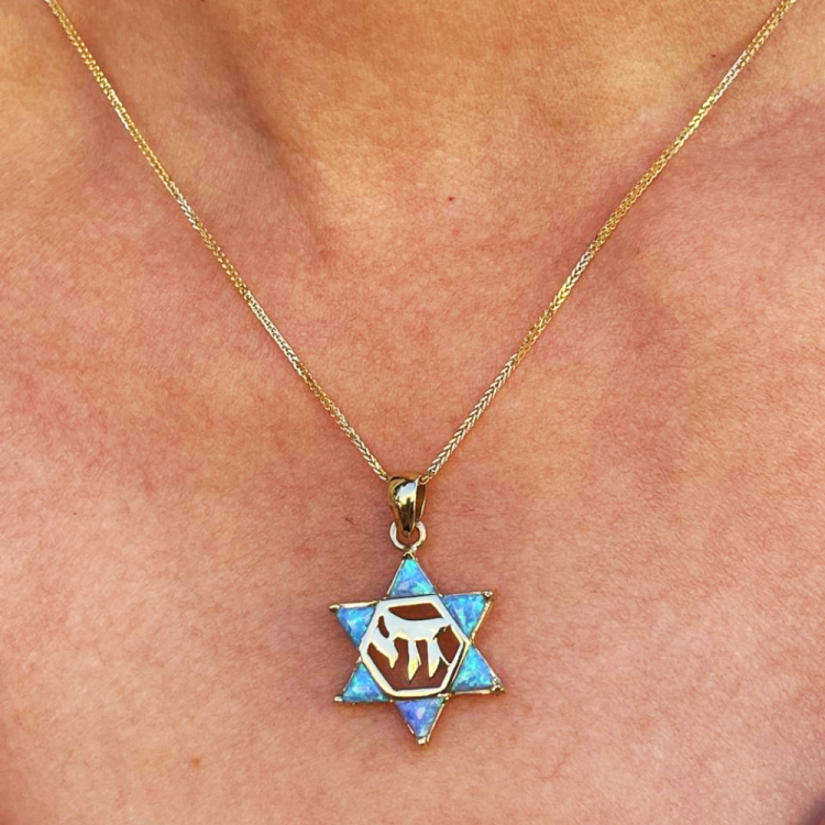 Opal Star of David Chai Pendant in 14k Gold