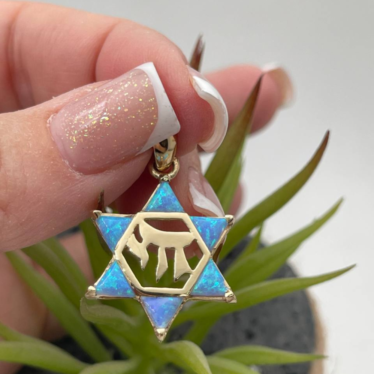 Opal Star of David Chai Pendant in 14k Gold