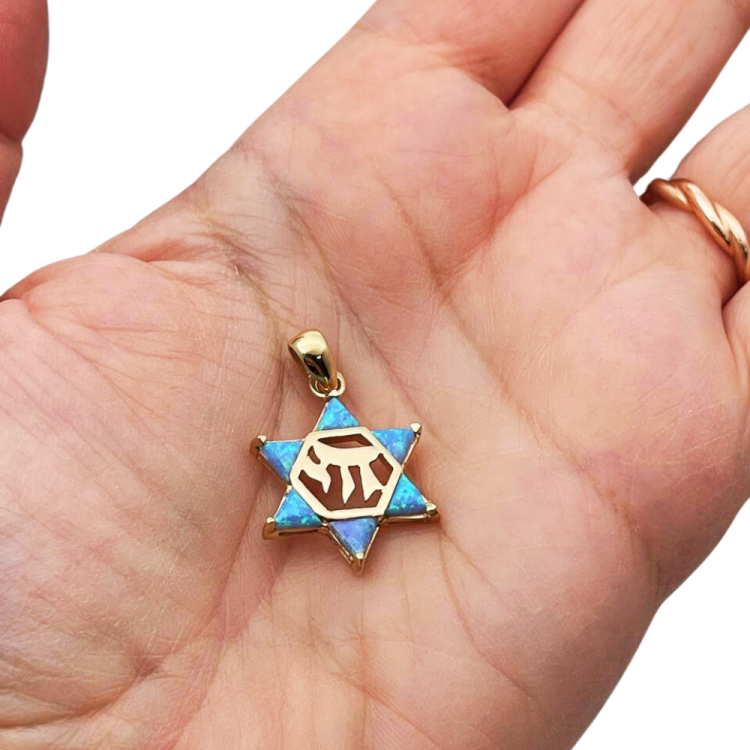 Opal Star of David Chai Pendant in 14k Gold